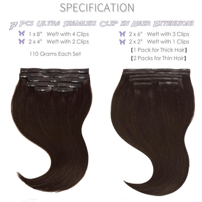 PU Weft Clip On Hair Extensions 18-24 Inch 7Pcs 100g SEAMLESS Clip in Human Hair Natural Black