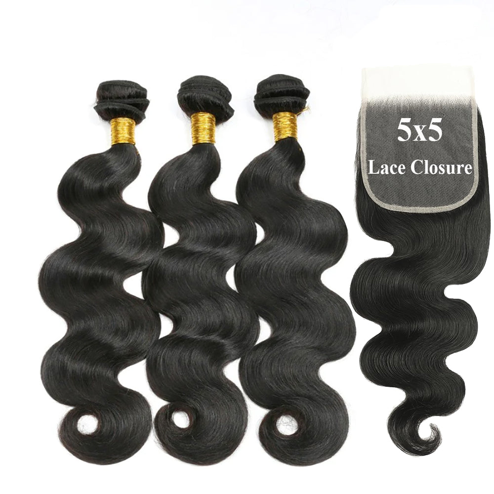 3 Bundles with 5x5 HD Lace Closure Body Wave 100% Virgin Human Hair