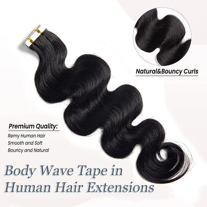 Premium Tape-in Human Hair Natural Color Body Wave – 20Pcs/Pack, Virgin Raw Hair, No Tangle, Seamless Blend