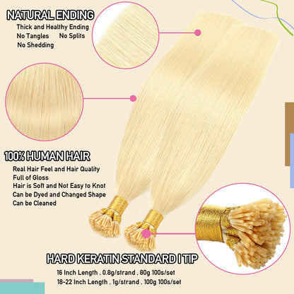 I Tip Premium 613 Blonde Straight Hair Extensions Quality 100% Human Hair – Pre-Bonded, 18"-24", Dyeable