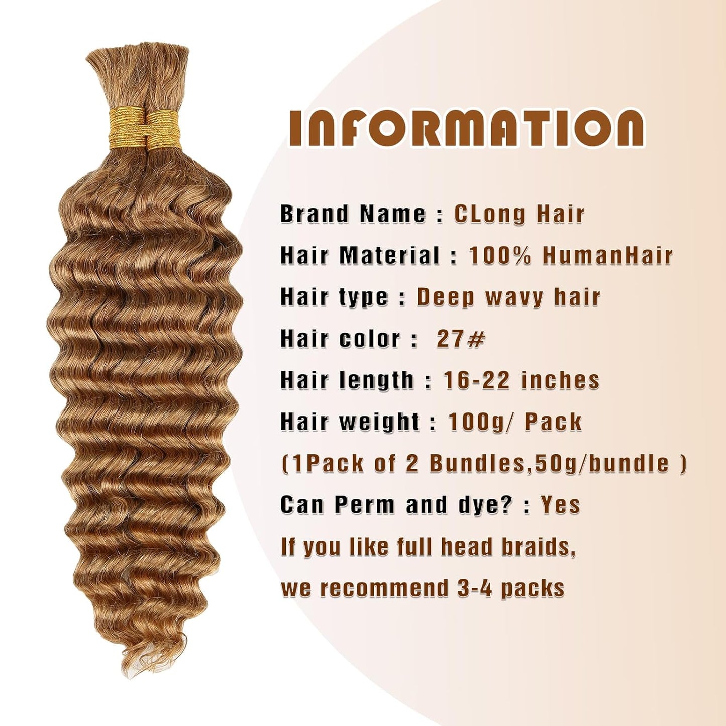 Color #27 Human Braiding Hair Deep Wave Bulk 100% HumanMink Hair 100g/Bundle 20inch 22inch