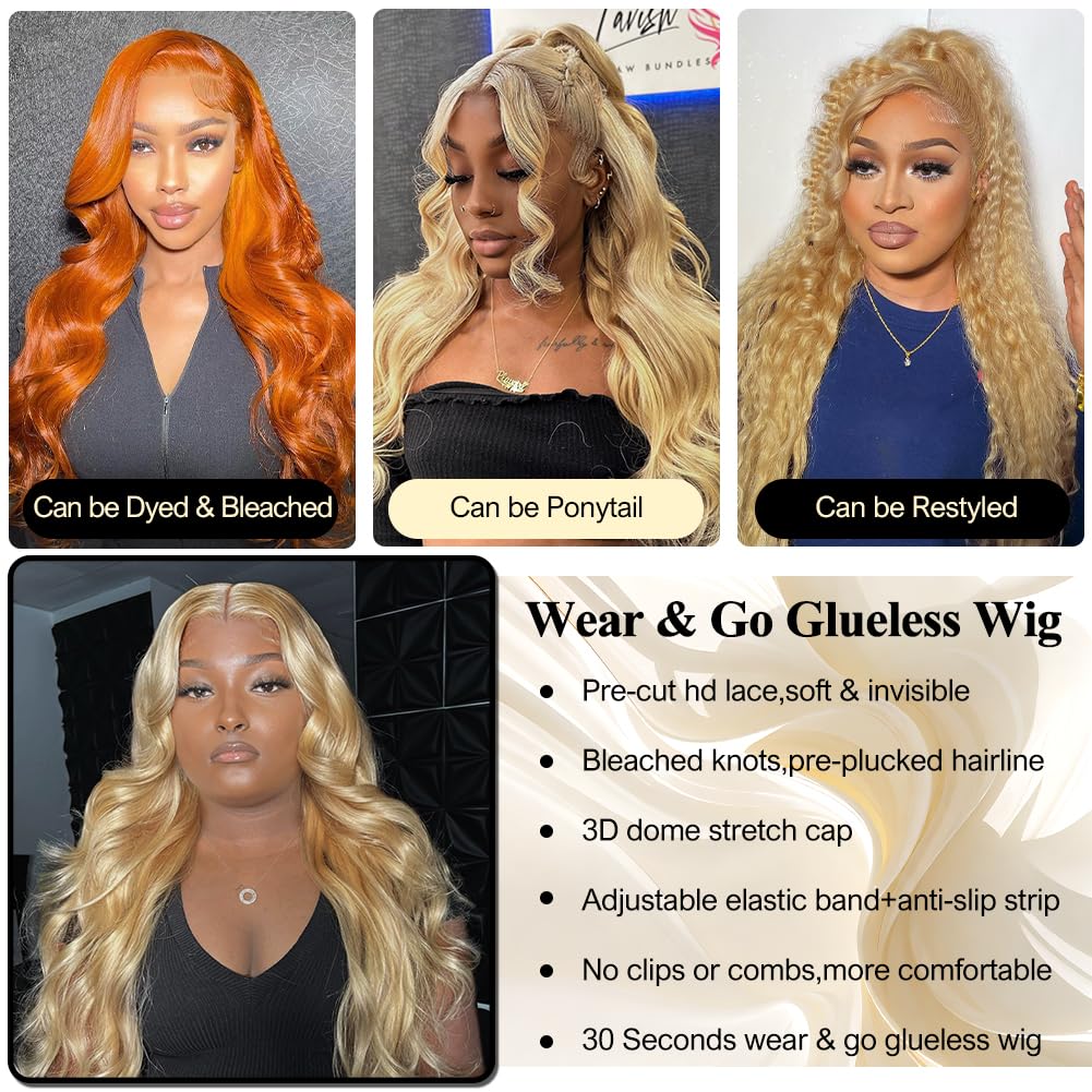 Glueless Lace 13x4 Frontal Wig Color Blonde(613) Body Wave 180 Density Wear and Go Human Hair Wig