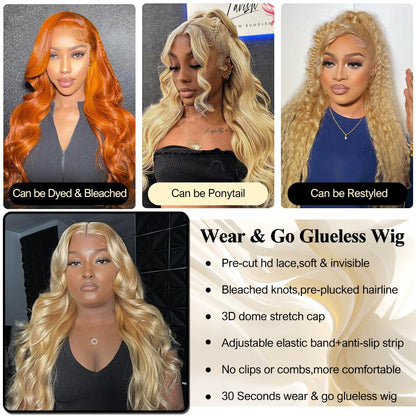 Glueless Lace 13x4 Frontal Wig Color Blonde(613) Body Wave 180 Density Wear and Go Human Hair Wig