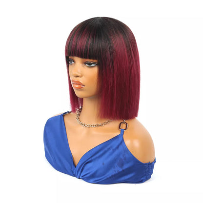 1B/99J Black & Burgundy Ombre Straight Short Bob Wig – 10 Inch Human Hair