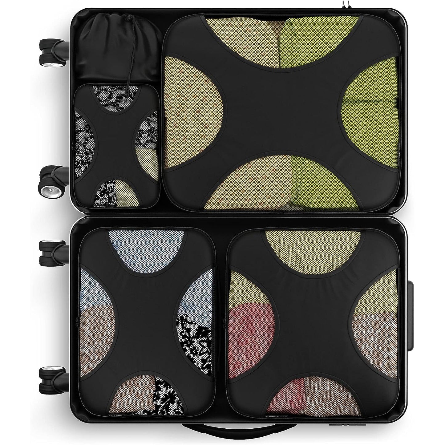Travel Black Mesh 5 Set Packing Cube Organizers With Laundry Bag (New Style)