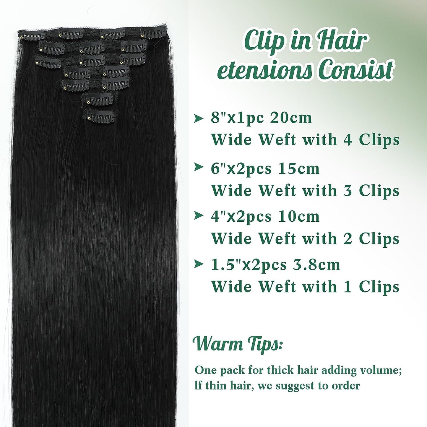 Clip in Mink Hair Extensions 100% Human Hair, 7pcs Natural Black Straight – Brazilian Virgin Hair, 70-90g, Heat Styleable