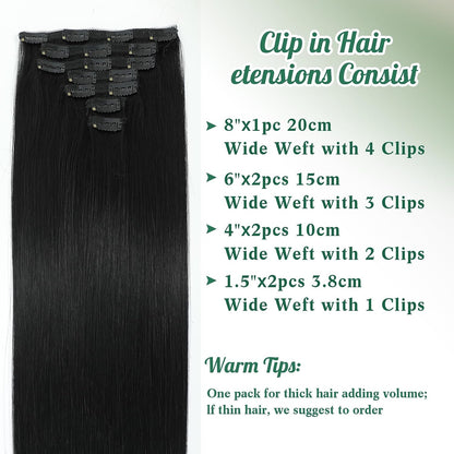 Clip in Mink Hair Extensions 100% Human Hair, 7pcs Natural Black Straight – Brazilian Virgin Hair, 70-90g, Heat Styleable