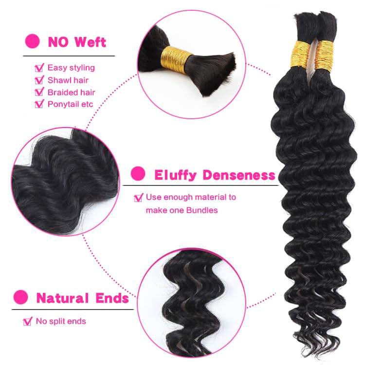 100% Human Hair Boho Braiding Hair - Deep Wave Natural Black 100g/Bundle