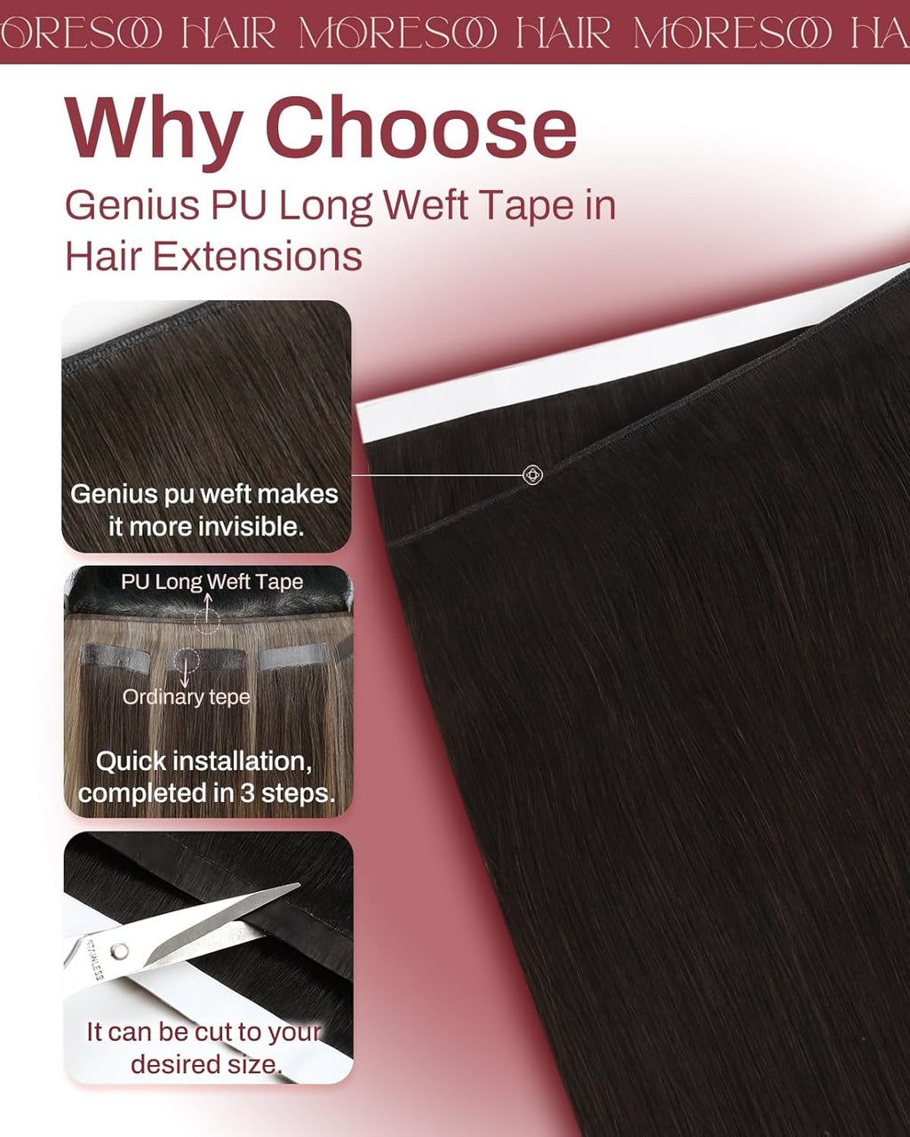 Premium Tape-in  Dark Brown Straight Human Hair  Color #2– 20Pcs/Pack,  No Tangle, Seamless Blend