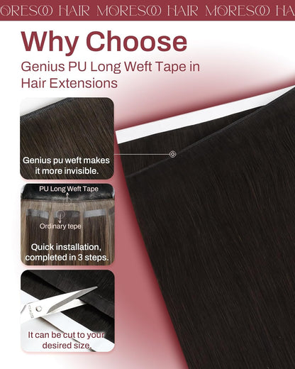 Premium Tape-in  Dark Brown Straight Human Hair  Color #2– 20Pcs/Pack,  No Tangle, Seamless Blend