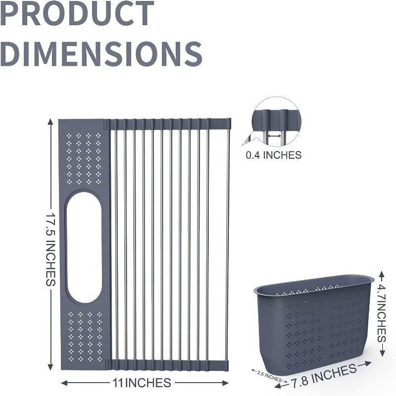Roll Up Dish Drying Rack 17.5"(L) x 11"(W) - SUS304 Multi-Purpose Rack Rollable Stainless Steel Dish Drainer with Utensil Holder for Kitchen Sink