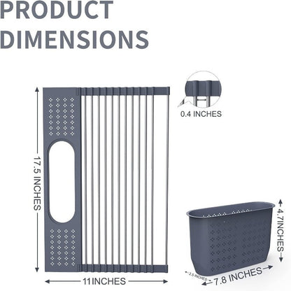 Roll Up Dish Drying Rack 17.5"(L) x 11"(W) - SUS304 Multi-Purpose Rack Rollable Stainless Steel Dish Drainer with Utensil Holder for Kitchen Sink