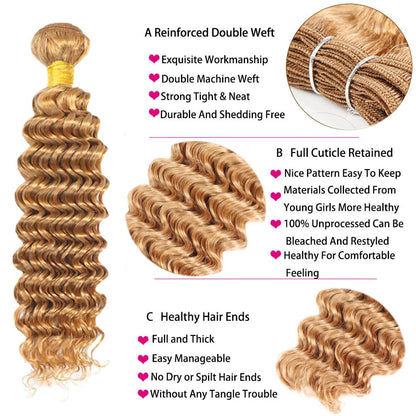 Honey Blonde weft #27 Deep Wave 100% Human HairUnprocessed Brazilian Human Virgin Hair | Single Donor Cuticle Intact Bundles 8"-26"