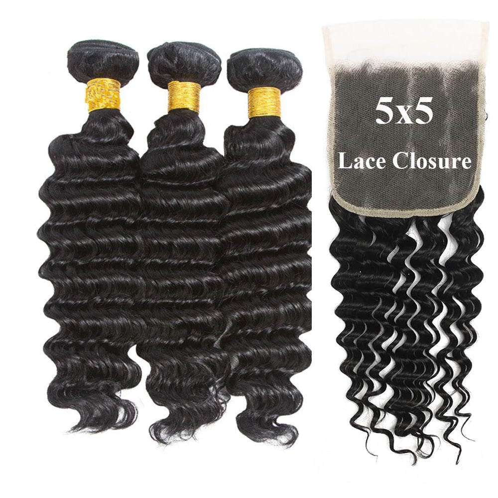 3 Bundles with 5x5 HD Lace Closure Deep Wave 100% Virgin Human Hair
