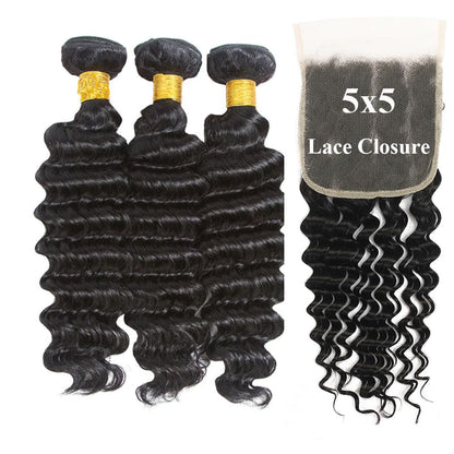 3 Bundles with 5x5 HD Lace Closure Deep Wave 100% Virgin Human Hair