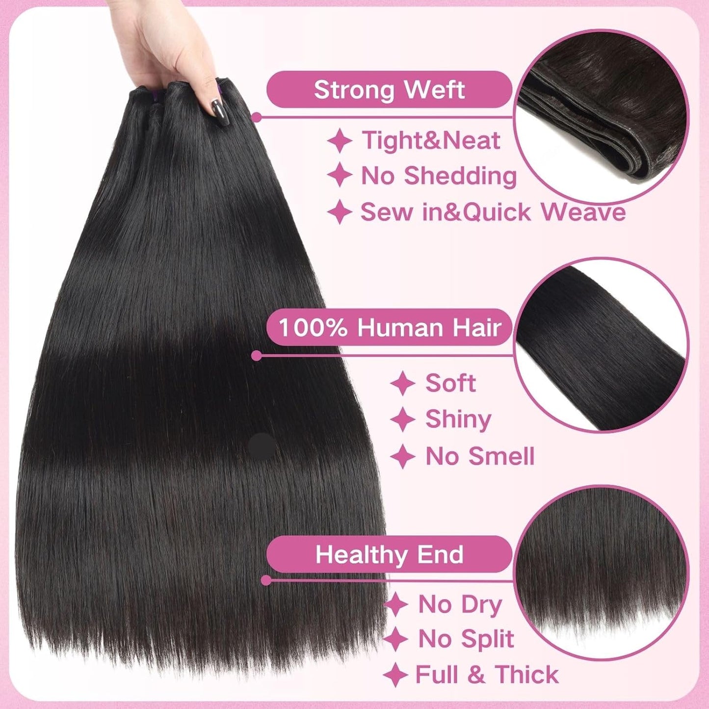 Double Drawn Indian Raw Straight Full End Unprocessed 100% Human Hair Natural Color | Single Donor Cuticle Aligned Bundles