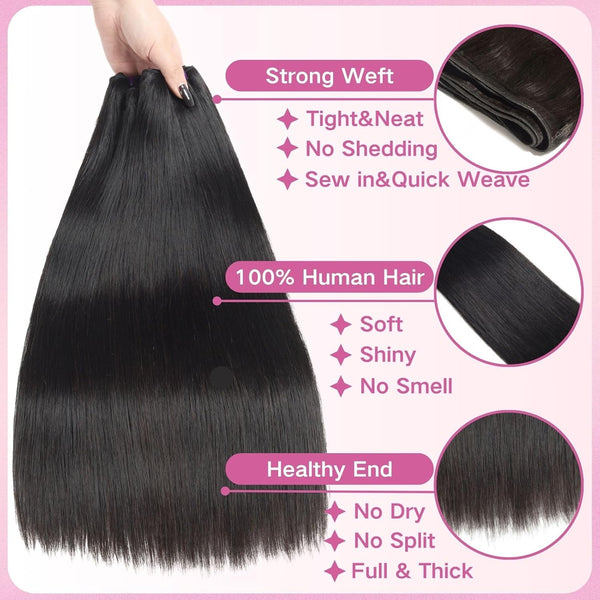 Double Drawn Indian Raw Straight Full End Unprocessed 100% Human Hair Natural Color | Single Donor Cuticle Aligned Bundles
