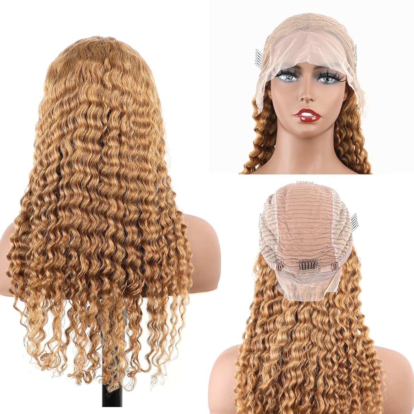 Transparent Lace 13X4 Frontal Wig Color Honey Blonde (#27) Deep Wave 200 Density 100 remy Human Hair