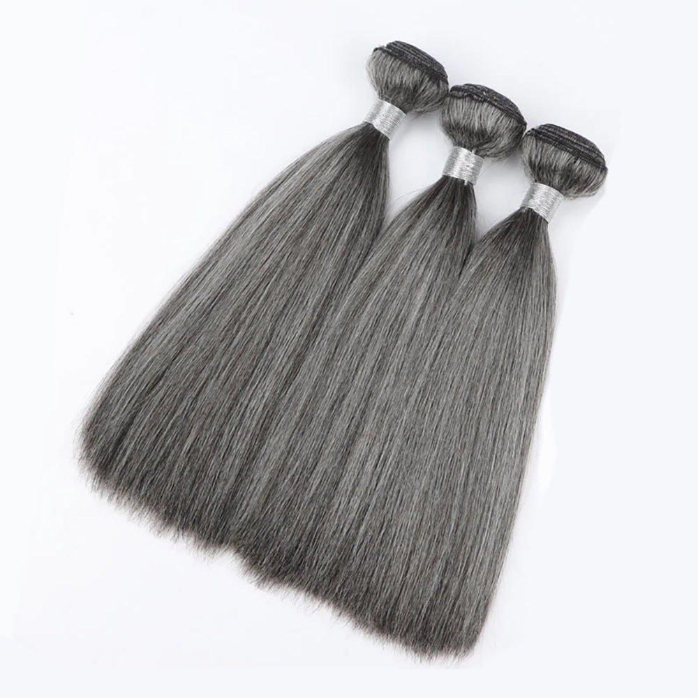 Salt Pepper Straight 100% Human Hair Blended Bundles Color #51 | Gray Hair Extensions Heat Safe 200°F Thick & Full