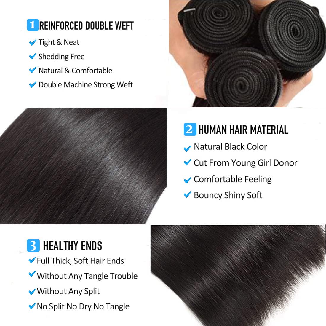 Holiday Deals : Unprocessed 3 Bundles Straight hair color #1  jet black 100% Human Hair on sale (3V-1-ST)