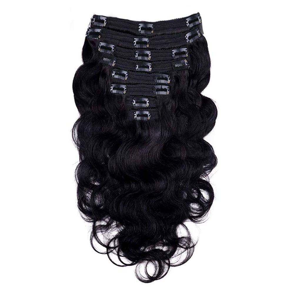 Clip In Premium Hair Extensions Body Wave High Quality 100% Human Hair – Natural Black, Heat Styleable, Easy Clip-In