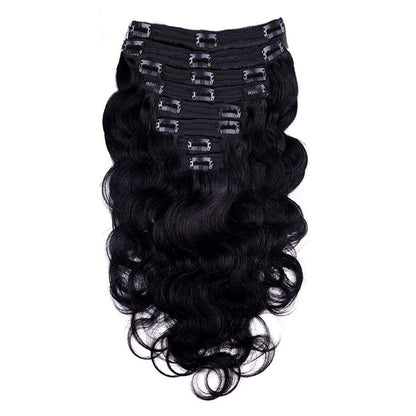 Clip In Premium Hair Extensions Body Wave High Quality 100% Human Hair – Natural Black, Heat Styleable, Easy Clip-In