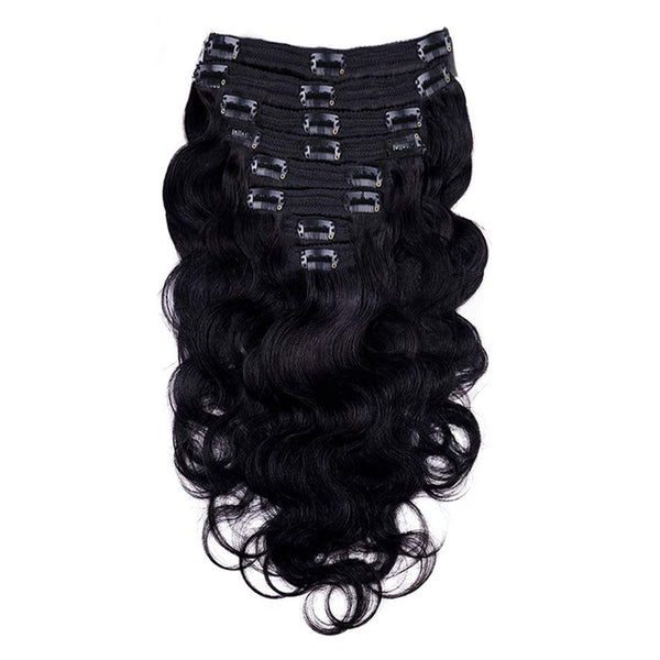 Clip In Premium Hair Extensions Body Wave High Quality 100% Human Hair – Natural Black, Heat Styleable, Easy Clip-In