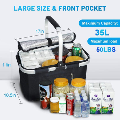 LIQING 35L Large Picnic Basket Shopping Travel Camping Grocery Bags 2 Layers of Internal Pockets Leak-Proof and Insulated Folding, Internal Support Does Not Collapse