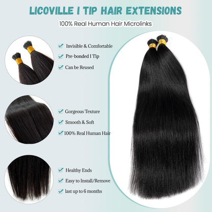 I-tip Premium Hair Extensions Natural Black Straight – 100% Human Hair, Pre-Bonded, 18"-24"