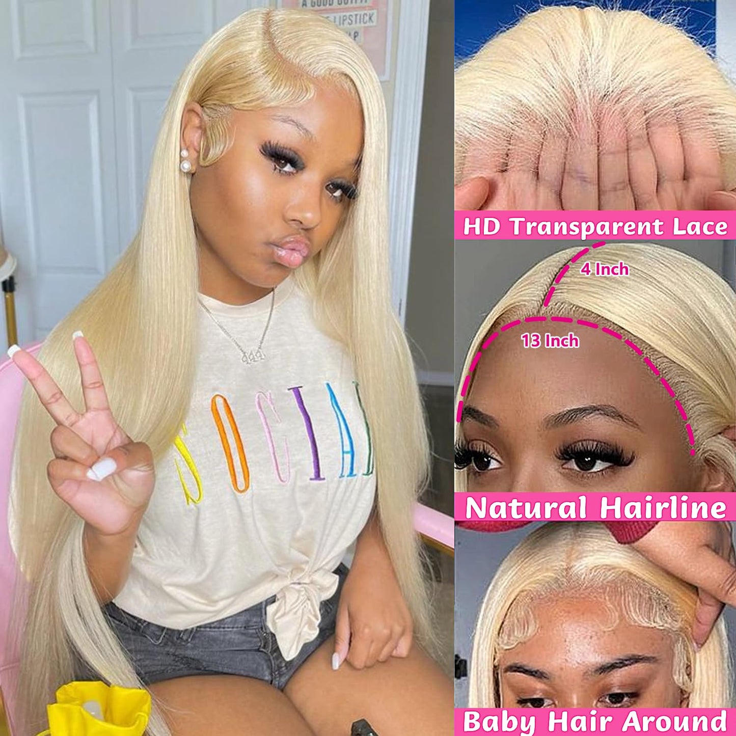 Transparent Lace 13x4 Frontal Wig Color Blonde(613) Straight 100% Human Hair