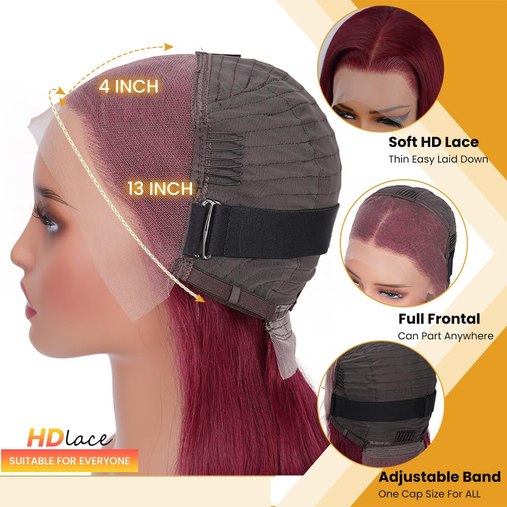 99J Burgundy Straight Short Bob Wig – 13x4 & 13x6 Transparent Lace Front Human Hair