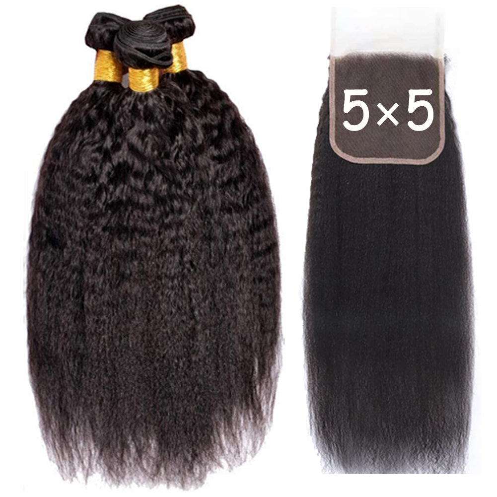 3 Bundles with 5x5 HD Lace Closure Kinky Straight 100% Virgin Human Hair