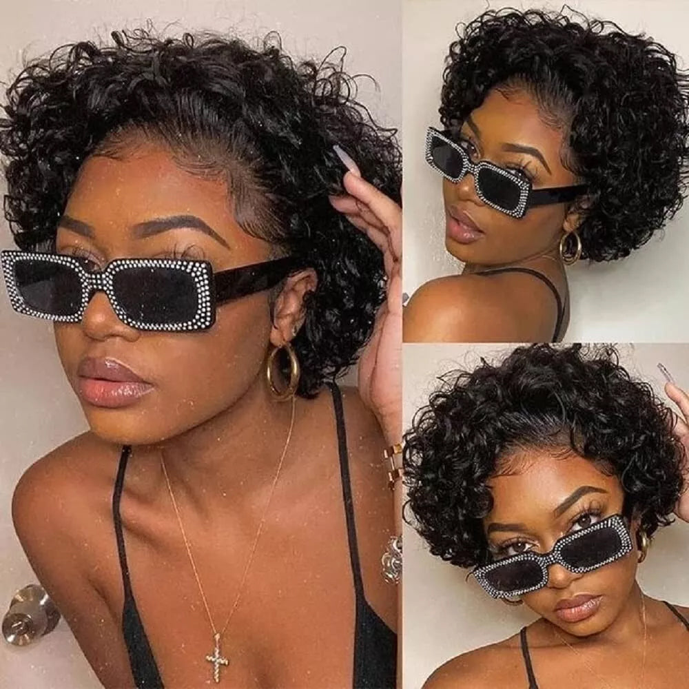 Natural Black Short Curly Bob Wig – 13x1 Lace Front 100% Human Hair
