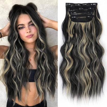Clip in Long Wavy Synthetic Hair Extension 24 Inch 4PCS 220g Thick Hairpieces Fiber Double Weft Hair for Women – 23 Colors