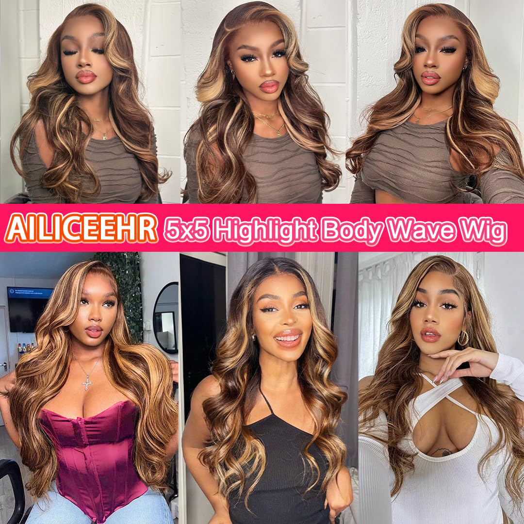 P4/27 Honey Blonde Highlight Body Wave Wig – 5x5 Lace Closure 100% Human Hair