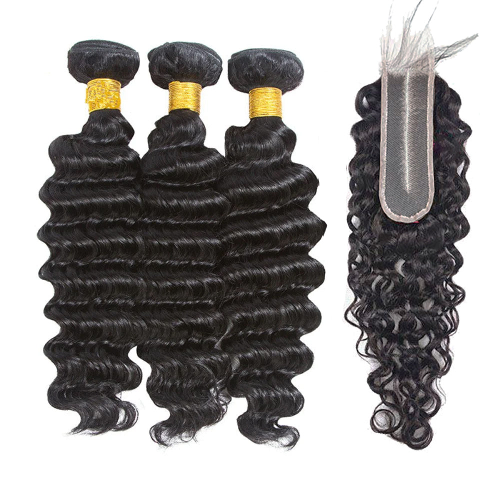 3 Bundles with 2x6 HD Lace Closure Deep Wave 100% Virgin Human Hair