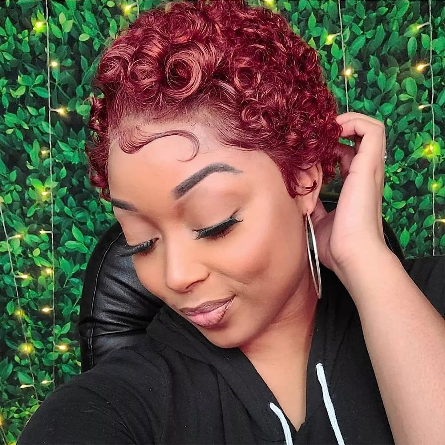 Burgundy Red Short Curly Bob Wig – 13x1 Lace Front 100% Human Hair