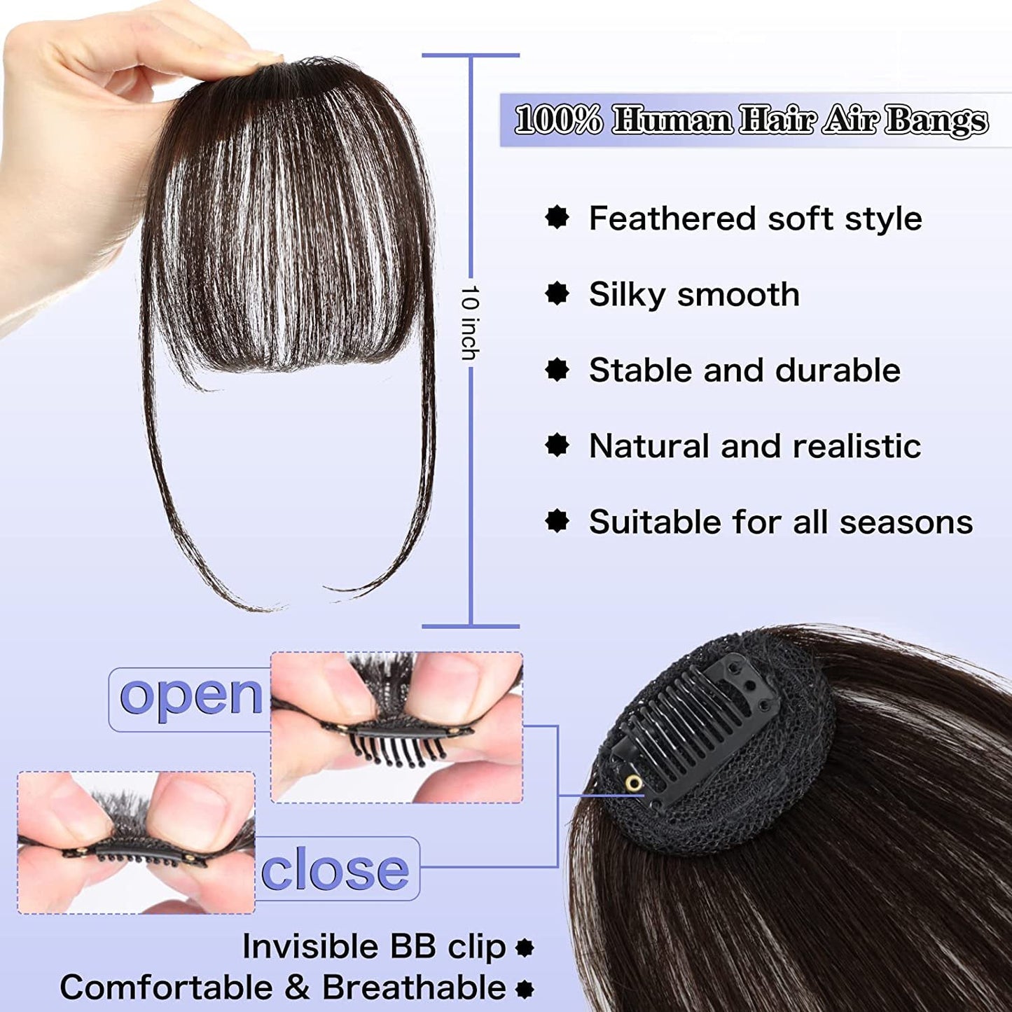 Wispy Clip in Bangs 100% Unprocessed Human Hair Extensions Curved Bangs Clip on Hair for Women Fringe with Temples Hairpieces for Daily Wear 9 Colors – Natural Look