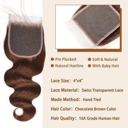 4X4 Lace Closure Body Wave Medium Brown (#4) Color 100% Human Hair Closure – Transparent Lace, Natural Look