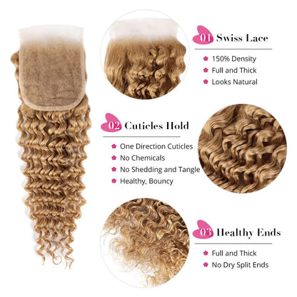 4X4 Lace Closure Deep Wave Honey Blonde (#27) Color 100% Human Hair Closure – Transparent Lace, Warm Tone