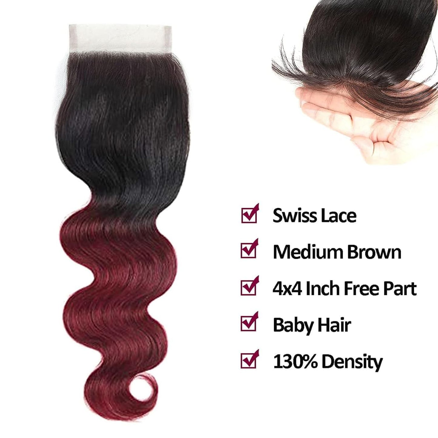 4X4 Lace Closure Body Wave Ombre (1B/99J) 100% Human Hair Closure – Transparent Lace, Burgundy Ombre