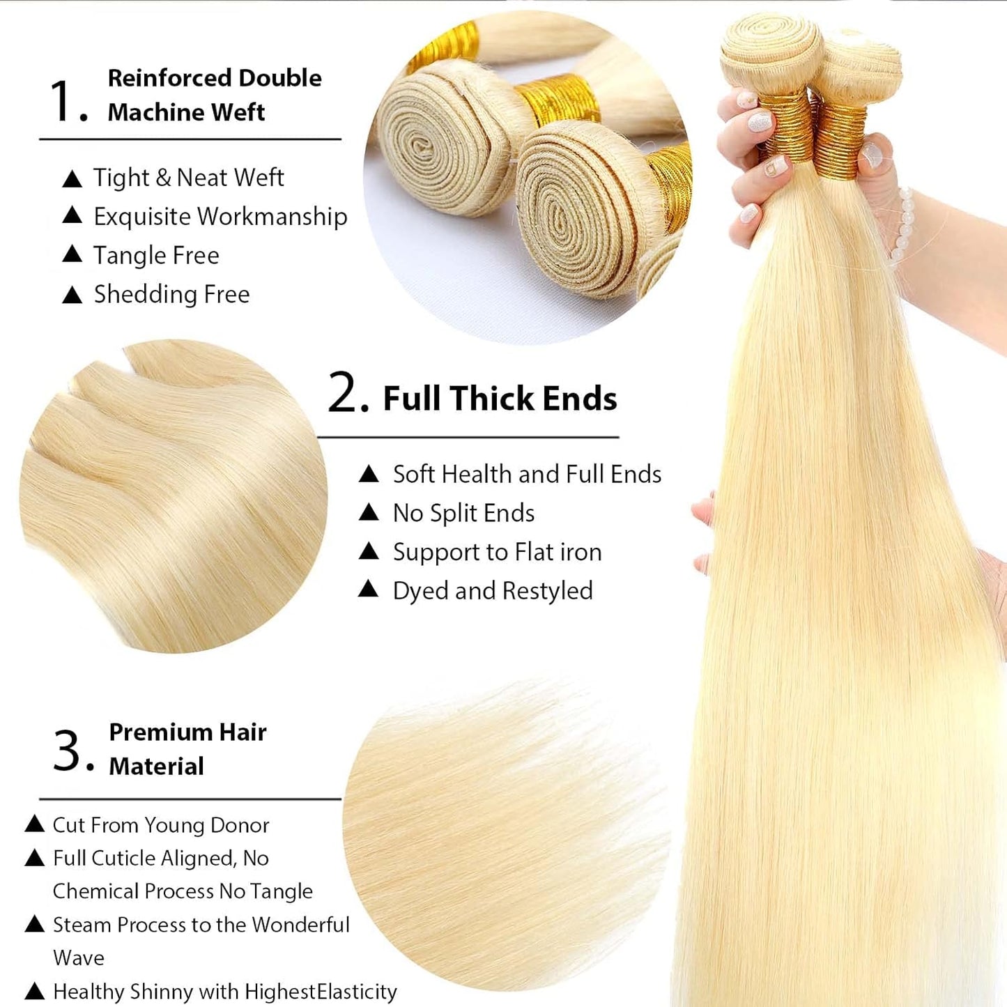 Straight Golden Blonde 613 Human Hair | 100% Unprocessed Mink Virgin Remy Bundles Single Donor Cuticle Intact