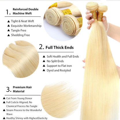 Straight Golden Blonde 613 Human Hair | 100% Unprocessed Mink Virgin Remy Bundles Single Donor Cuticle Intact