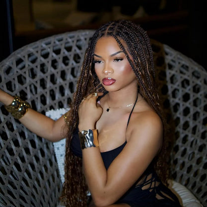 Human Hair Boho Box Braided Wigs 36" Real Swiss HD Full Lace Lightweight High Density Knotless Tangle-free Boho Box Braided Wig - Extra Full 100 Strands Ombre Brown Wig