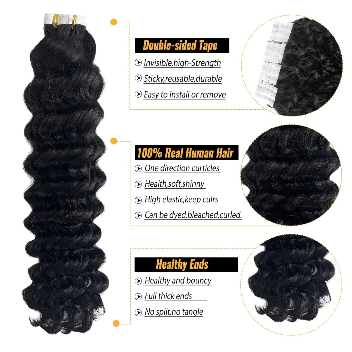 Premium Tape-in Human Hair Natural Color Deep Wave – 20Pcs/Pack, Virgin Raw Hair, No Tangle, Seamless Blend