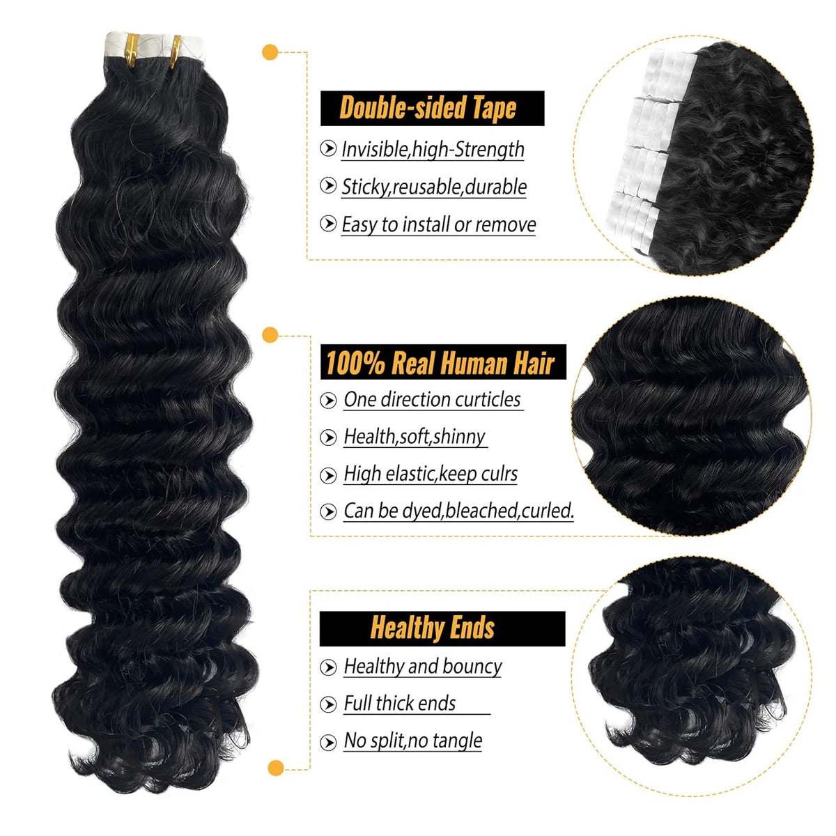 Premium Tape-in Human Hair Natural Color Deep Wave – 20Pcs/Pack, Virgin Raw Hair, No Tangle, Seamless Blend