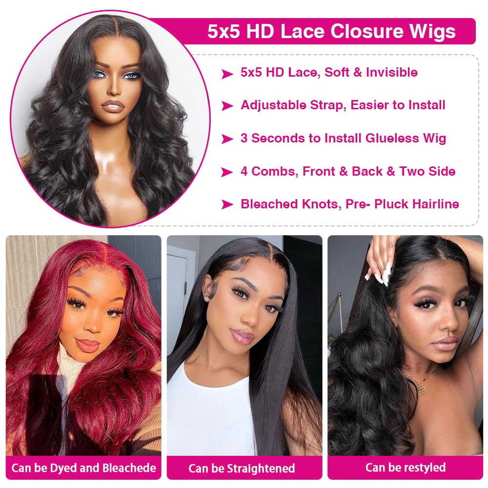 5x5 HD Lace Closure Wig Body Wave Human Hair Swiss Lace, Skin-melt Lace, Invisible Lace
