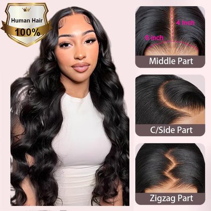 6x4 Wear and Go Glueless Body Wave, Straight Lace Closure Wigs 100% Human Hair