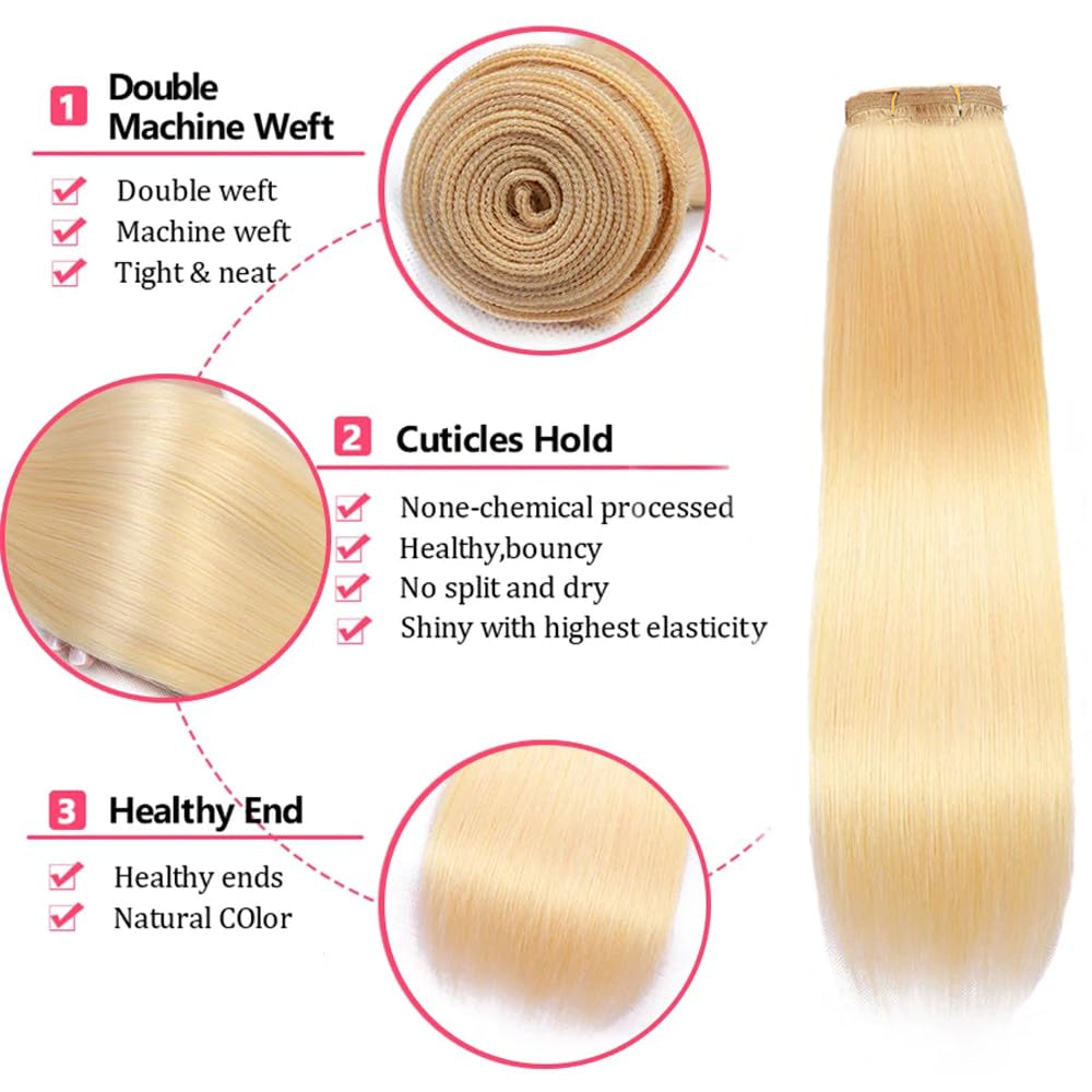 Remy Double Drawn Straight Blonde hair Unprocessed 100% Human HairRussian Blonde #613 | Full End Cuticle Aligned Bundles