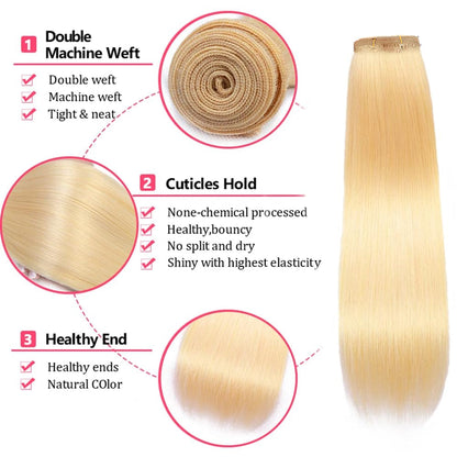 Remy Double Drawn Straight Blonde hair Unprocessed 100% Human HairRussian Blonde #613 | Full End Cuticle Aligned Bundles